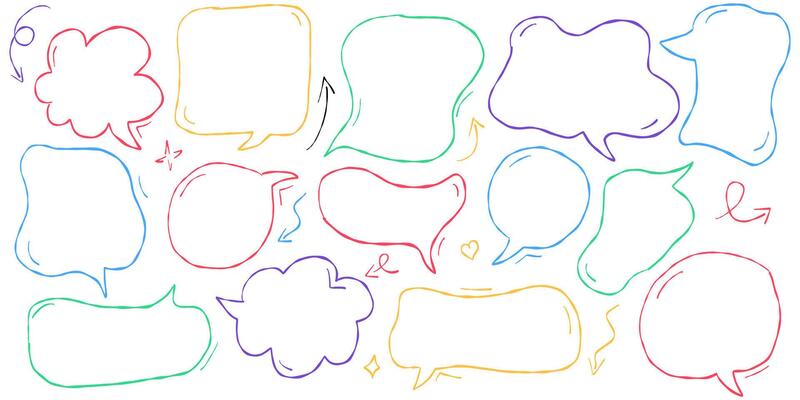 Crayon style hand drawn speech bubbles and talk clouds for text. Cute pastel dialog frames and doodle balloons for kids. Chalk line cartoon boxes with handwriting effect from Japanese design.