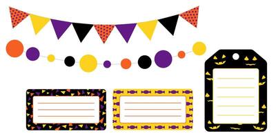 Spooky Halloween label and banner set with garlands and colorful stickers. Purple black orange and yellow tag collection with round square and rectangle shapes for decoration and party crafts. vector