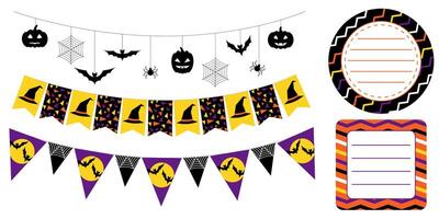 Cute Halloween themed garlands and sticker shapes in black orange purple and yellow. Round rectangular and square labels for party invitations scrapbook packaging and festive illustration use. vector