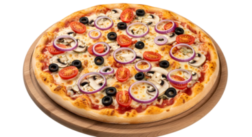 A delicious pizza with mushrooms, olives, tomatoes and onions on a wooden board ready to be served png