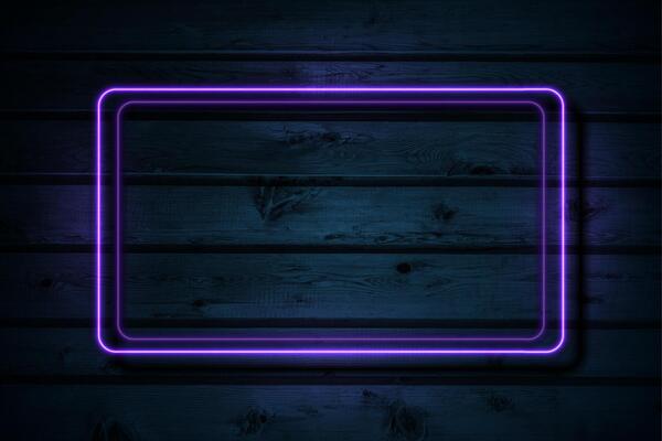 Violet neon luminous rectangle frame on dark blue wooden abstract background