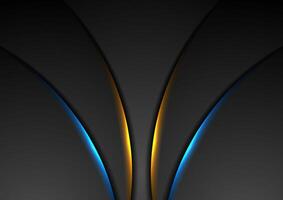 Black abstract wavy background with blue orange neon lights vector