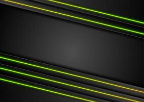 Black abstract striped background with green yellow neon lines vector