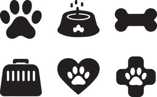 Black and white icons related to pets, including a paw print, food bowl, bone, pet carrier, a heart with a paw print vector