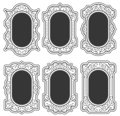 set of retro vintage ornament frames with classic and elegant curved and scroll pattern designs. For decoration, certificates, invitations and aesthetic and traditional graphic design elements.