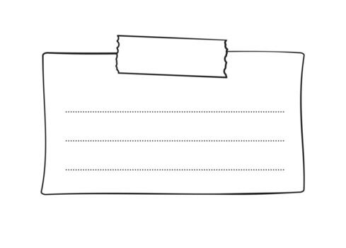 Taped memo paper sheet, sticky note, reminder, to do list, sticky tape. Bullet journal elements in line art doodle style. vector