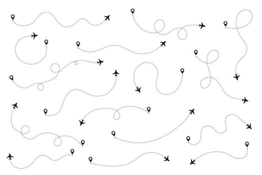 Line and plane icon for travel and flight trip with air map and path. A dashed route with dots and trace for airport plan or destination background. Simple graphic element. vector