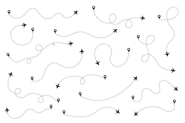Line and plane icon for travel and flight trip with air map and path. A dashed route with dots and trace for airport plan or destination background. Simple graphic element.