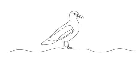 Seagull one line illustration, hand drawn standing bird in doodle style. continuous outline sketch. vector