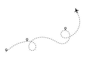 Line path for plane icon with travel map, flight route, and air trip design. Dash and dot trace show journey toward a destination. Use as or background. vector