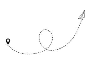 Paper plane with line path for fight or fly across air by art. Outline of airplane or aeroplane shown with track, toy jet, or craft shape. Clean minimal style. vector