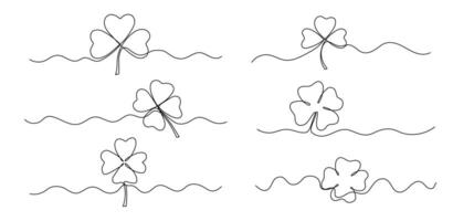 Clover one line illustrations set, symbol of St. Patricks Day continuous outline sketch, border vector