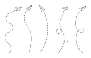 Paper plane and line set with path for flight or fly in the air by design. Outline airplane or jet craft shown as aero track or toy art. Simple concept illustration. vector