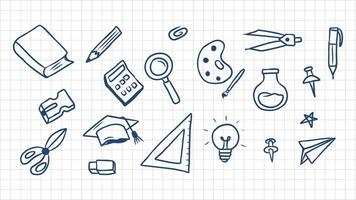 Hand drawn school supplies elements on a graph paper background vector