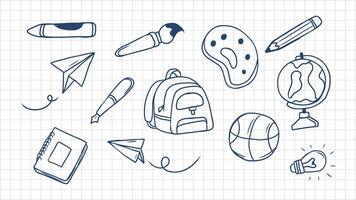 Doodle Hand drawn school Supplies elements on a graph paper background vector