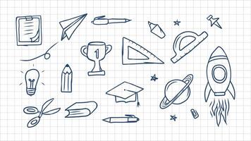 Hand drawn school and education elements with trophy rocket and planet vector