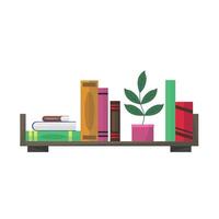 Shelf icon with books and plant on white background. Literature, classics. Education, knowledge. vector