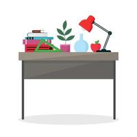 School desk icon with books, ruler, plant, flask, apple and lamp. Education, knowledge. vector