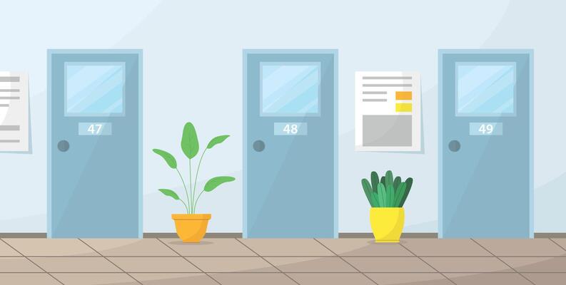 School corridor interior with classroom doors and plants. Education, knowledge. Place for study.