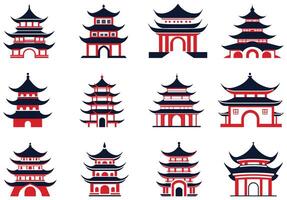 Collection of Stylized Red and Black Pagoda Illustrations on a White Background vector