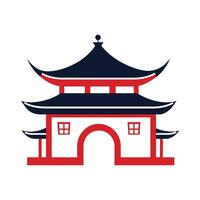 Red and Dark Blue Simplified Illustration of a Chinese Pagoda Gateway on White vector