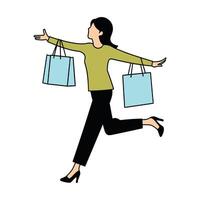 Animated woman sprints joyfully with shopping bags and open arms on transparent background vector