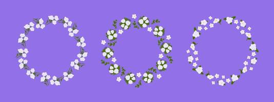 Pastel Floral Wreath Frame Set. Set of three floral wreath frames with white and light lilac flowers and green leaves on violet background. Flat style with soft natural colors. vector