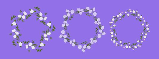 Floral Wreath Frame Collection. Set of three floral wreaths with white, pink and lavender flowers on green leafy branches. Flat hand-drawn style on purple background. vector