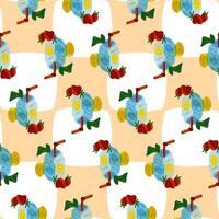Seamless Summer Drink Pattern. Seamless pattern with summer drinks, lemon slices, strawberries, and leaves on checkered background. Flat style with bright fresh colors. vector