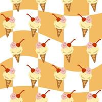 Seamless Ice Cream Cone Pattern. Seamless pattern with ice cream cones topped with cherries on wavy yellow and white background. Flat style, bright summer colors. vector