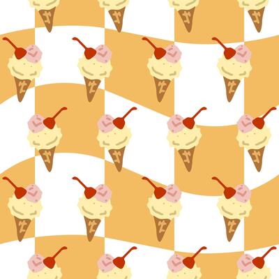 Seamless Ice Cream Cone Pattern. Seamless pattern with ice cream cones topped with cherries on wavy yellow and white background. Flat style, bright summer colors.