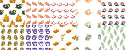 Summer Seamless Camping Pattern Pack. Collection of 10 seamless patterns with camping and summer elements. Flat cartoon style on white background. vector