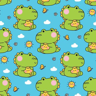 Seamless pattern of cute crocodile doll hug tiny chicken with sun cloud flower and butterfly background.Friend.Love.Reptile and farm bird animal character cartoon.Kawaii.Illustration.