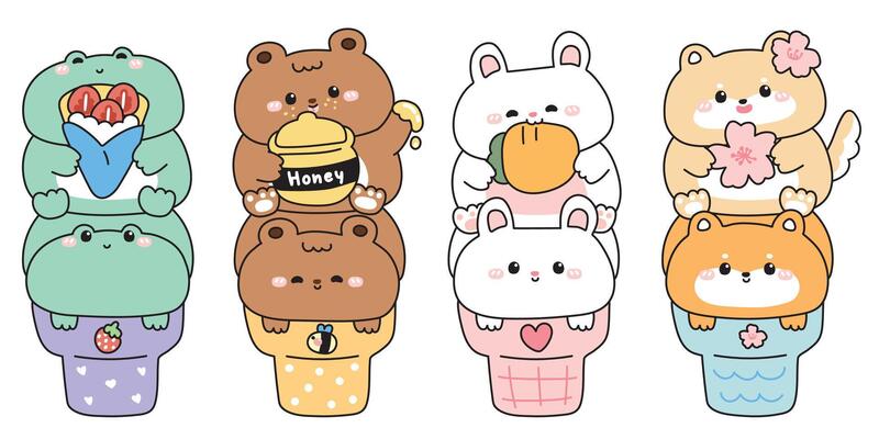 Set of cute animals on ice cream cone.Frog.Teddy bear.Rabbit bunny.Shiba inu dog.Sweet and dessert.Strawberry,honey,carrot,sakura flower.Animal character cartoon design.Kawaii.Illustration