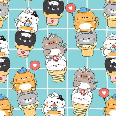 Seamless pattern of cute cats on ice cream cone background.Meow.Kitten.Strawberry cupcake,balloon,heart,flower,butterfly.Sweet and dessert.Pet animal character cartoon design.Kawaii.