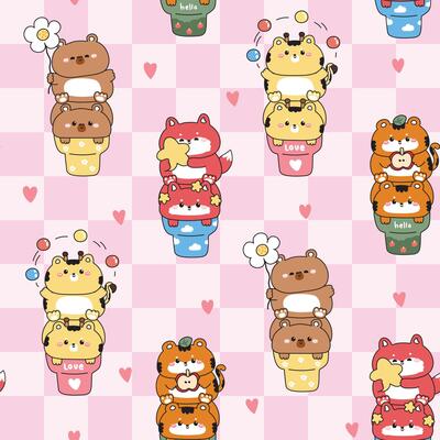 Seamless pattern of cute animals on ice cream cone heart background.Capybara.Giraffe.Fox.Tiger.Sweet and dessert.Apple,star,ball,flower.Animal character cartoon design.Kawaii.Illustration
