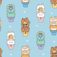 Seamless pattern of cute animals on ice cream cone background.Frog.Teddy bear.Rabbit bunny.Shiba inu dog.Sweet and dessert.Strawberry,honey,carrot,sakura flower.Animal character cartoon design. vector