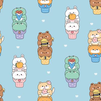Seamless pattern of cute animals on ice cream cone background.Frog.Teddy bear.Rabbit bunny.Shiba inu dog.Sweet and dessert.Strawberry,honey,carrot,sakura flower.Animal character cartoon design.