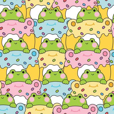 Seamless pattern of cute frog stay on candy vanilla strawberry blueberry flavor donut background.Sweet and dessert.Bakery.Reptile animal character cartoon design.Kawaii.Illustration.
