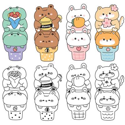 Coloring pages.Set of cute animals on ice cream cone.Frog.Teddy bear.Rabbit bunny.Shiba inu dog.Sweet and dessert.Strawberry,honey,carrot,sakura flower.Animal cartoon.Painting book.Kawaii.
