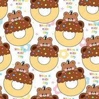 Seamless pattern of cute teddy bear with bee stay on candy chocolate flavor donut background.Sweet and dessert.Bakery.Have a nice day.flower.Wild animal character cartoon design.Kawaii. vector
