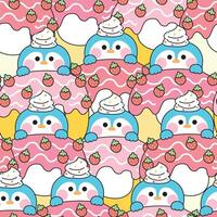 Repeat.Seamless pattern of cute penguin have whipping cream strawberry flavor donut background.Sweet and dessert.Bakery.Polar bird animal character cartoon design.Kawaii.Illustration. vector
