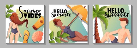 Summer beach illustrations with vibrant colors vector