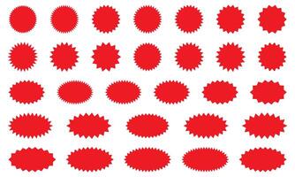 Starburst red sticker set - collection of special offer sale round and oval sunburst labels. Stickers and badges with star edges for promo advertising. vector