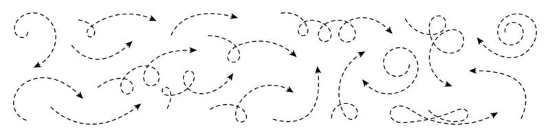 Collection of curved arrows with dashed lines. vector