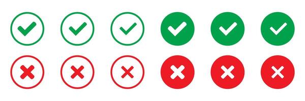 Yes or no symbol, approved or rejected icon. Right or wrong icons. Green tick and red cross checkmarks in circle flat icons for user interface. vector