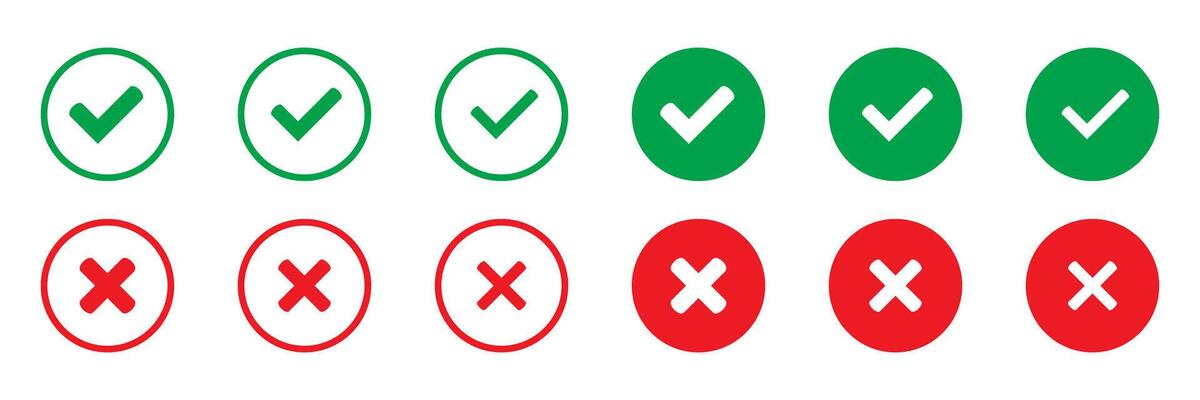 Yes or no symbol, approved or rejected icon. Right or wrong icons. Green tick and red cross checkmarks in circle flat icons for user interface.