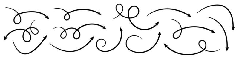 Curved and Twisted Hand Drawn Arrows. Collection of Doodle Arrows. vector