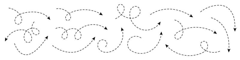 Collection of curved arrows with dashed lines. Minimalist elements for visualization, navigation, direction, process and graphic design. vector