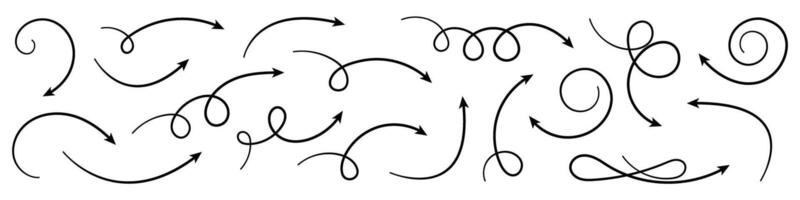 Curved and Twisted Hand Drawn Arrows Set. Collection of Doodle Arrows. vector